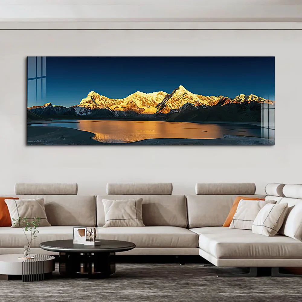 Wide Format Golden Mountain Lake Landscape Canvas Wall Art