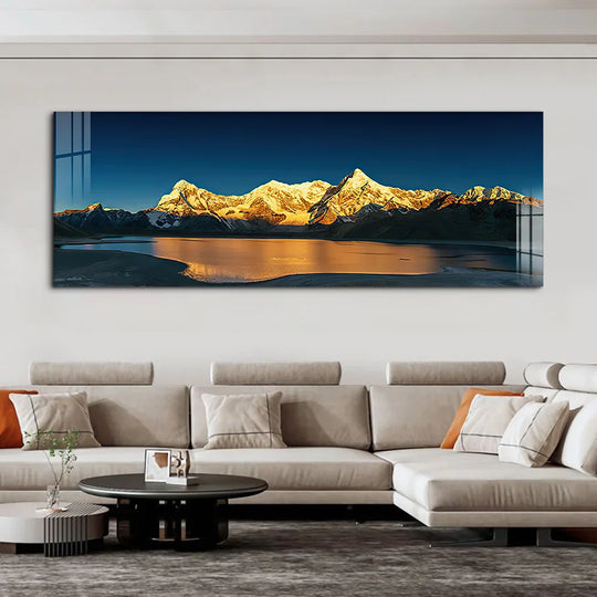 Wide Format Golden Mountain Lake Landscape Canvas Wall Art
