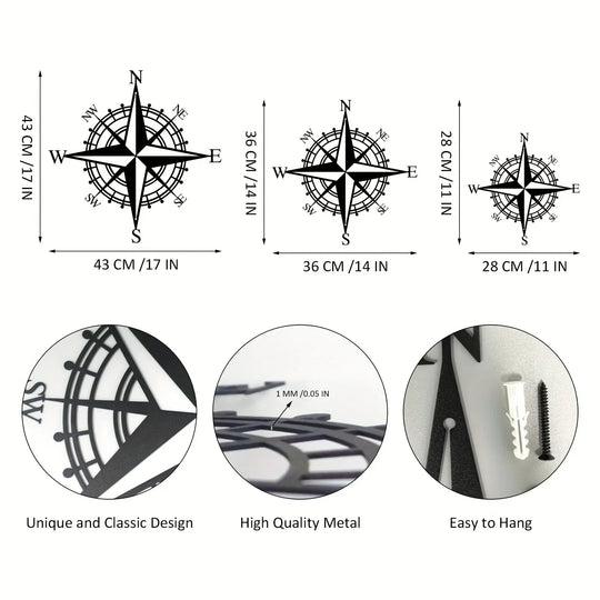 Nautical Compass Rose Black Metal Wall Art Decor