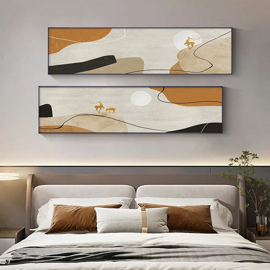 Golden Deer Abstract Landscape Wide Format Canvas Wall Art Unframed