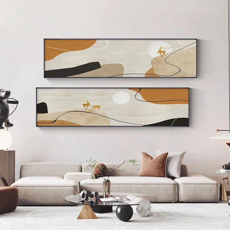 Golden Deer Abstract Landscape Wide Format Canvas Wall Art Unframed