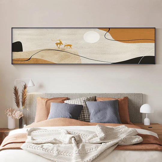 Golden Deer Abstract Landscape Wide Format Canvas Wall Art Unframed
