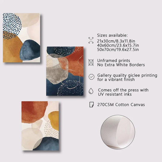 Orange Blue Abstract Canvas Wall Art Set of 3