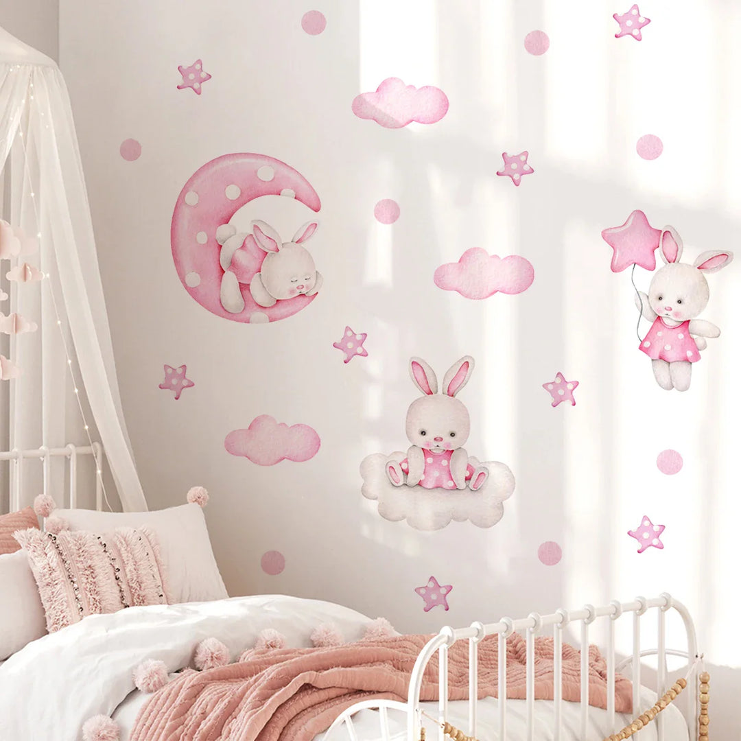 Pink Bunny Moon Clouds Wall Decals For Nursery Room