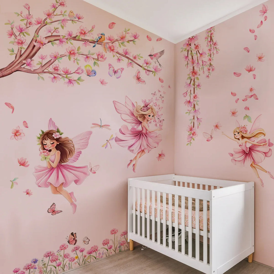 Pink Butterflies Tree Fairies Wall Mural For Girls Room