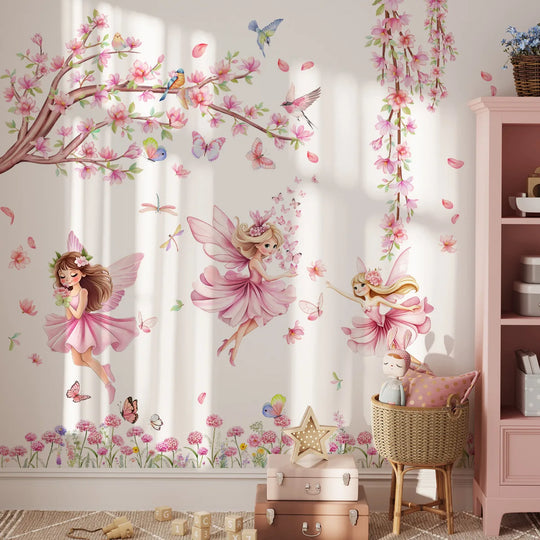 Pink Butterflies Tree Fairies Wall Mural For Girls Room