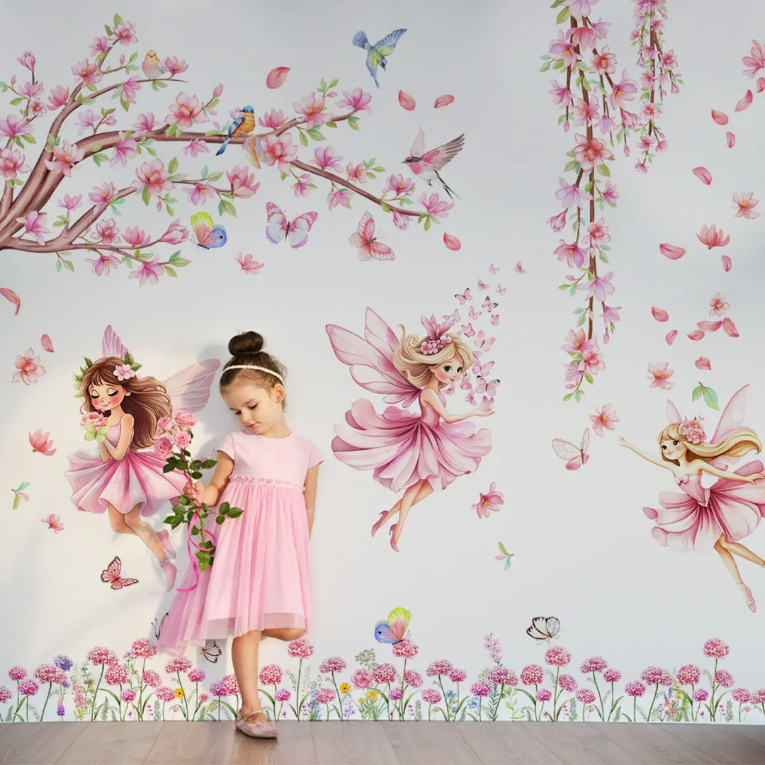 Pink Butterflies Tree Fairies Wall Mural For Girls Room