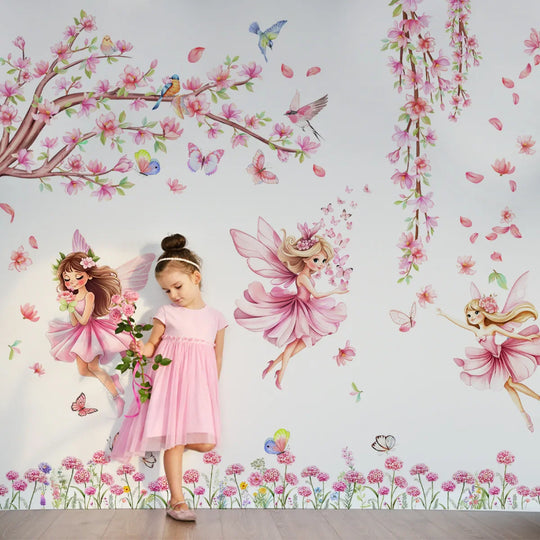 Pink Butterflies Tree Fairies Wall Mural For Girls Room