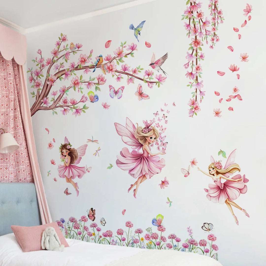 Pink Butterflies Tree Fairies Wall Mural For Girls Room