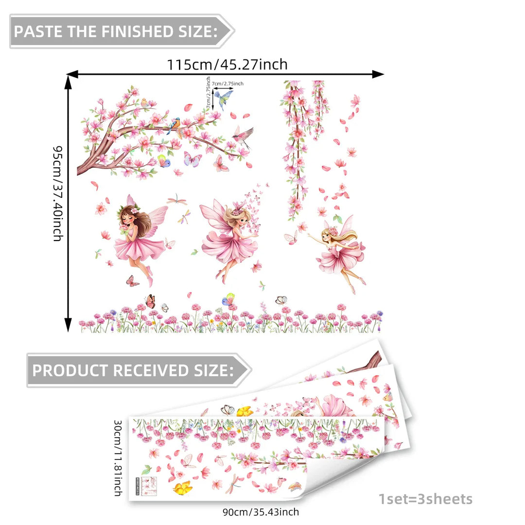 Pink Butterflies Tree Fairies Wall Mural For Girls Room