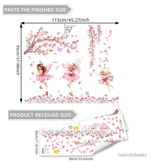 Pink Butterflies Tree Fairies Wall Mural For Girls Room