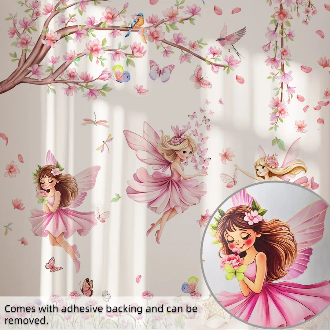 Pink Butterflies Tree Fairies Wall Mural For Girls Room