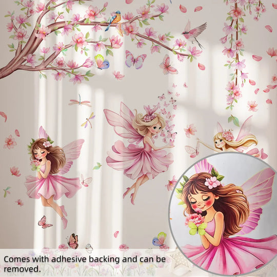 Pink Butterflies Tree Fairies Wall Mural For Girls Room
