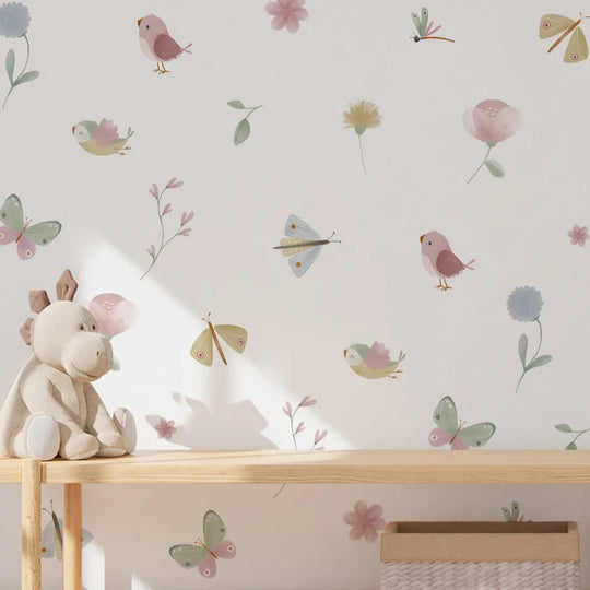 Pink Butterfly Bird Wall Decals