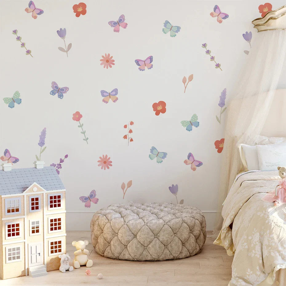 Pink Butterfly Bird Wall Decals