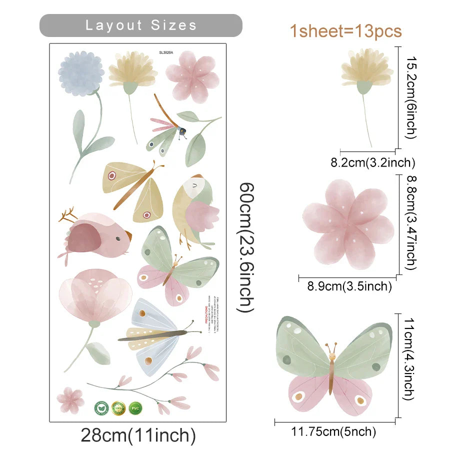 Pink Butterfly Bird Wall Decals