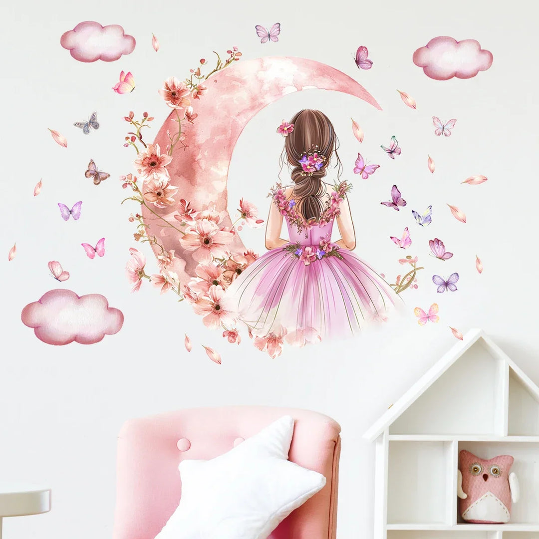 Pink Butterfly Moon Princess Wall Mural For Girls Room