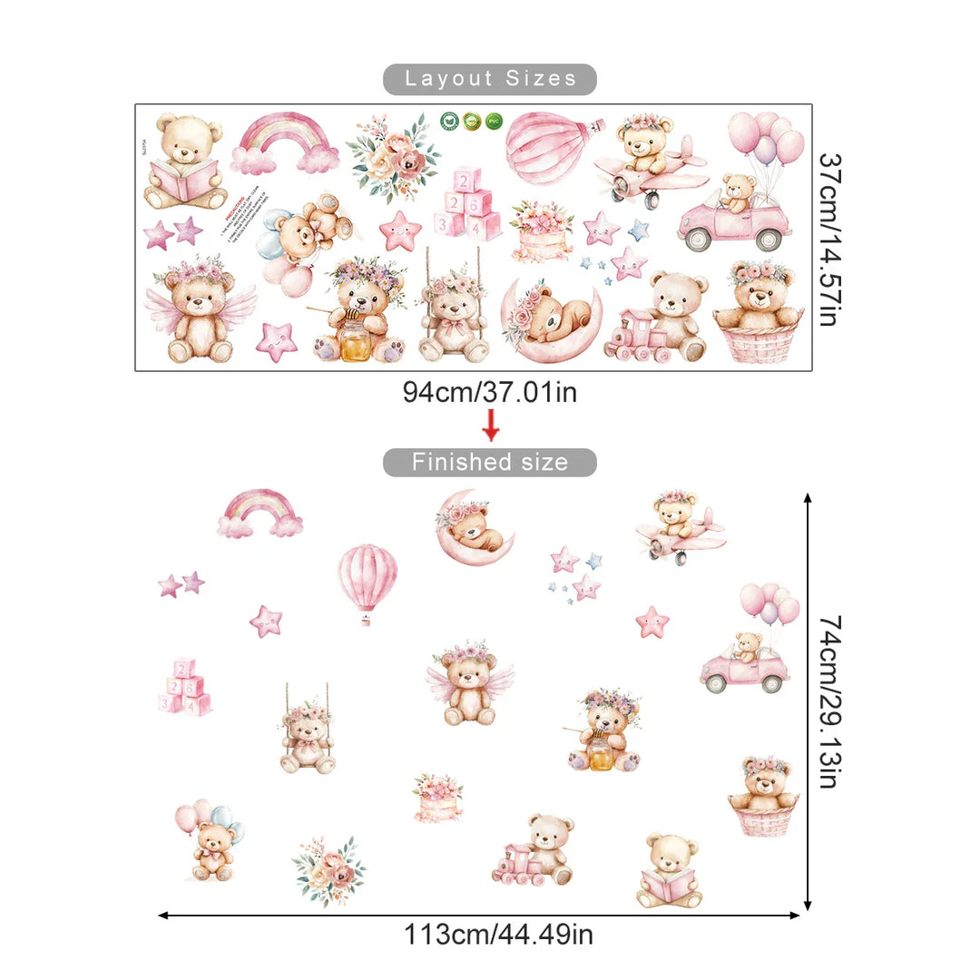 Pink Rainbow Teddy Bear Moon And Stars Wall Decals For Nursery