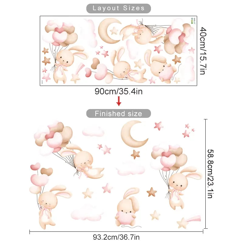 Pink Teddy Bear Balloon Stars Wall Decals