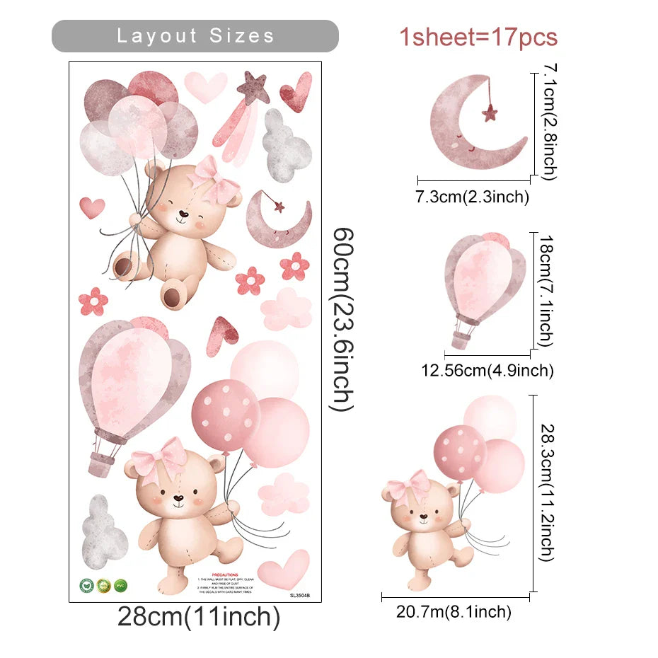 Pink Teddy Bear Balloon Stars Wall Decals