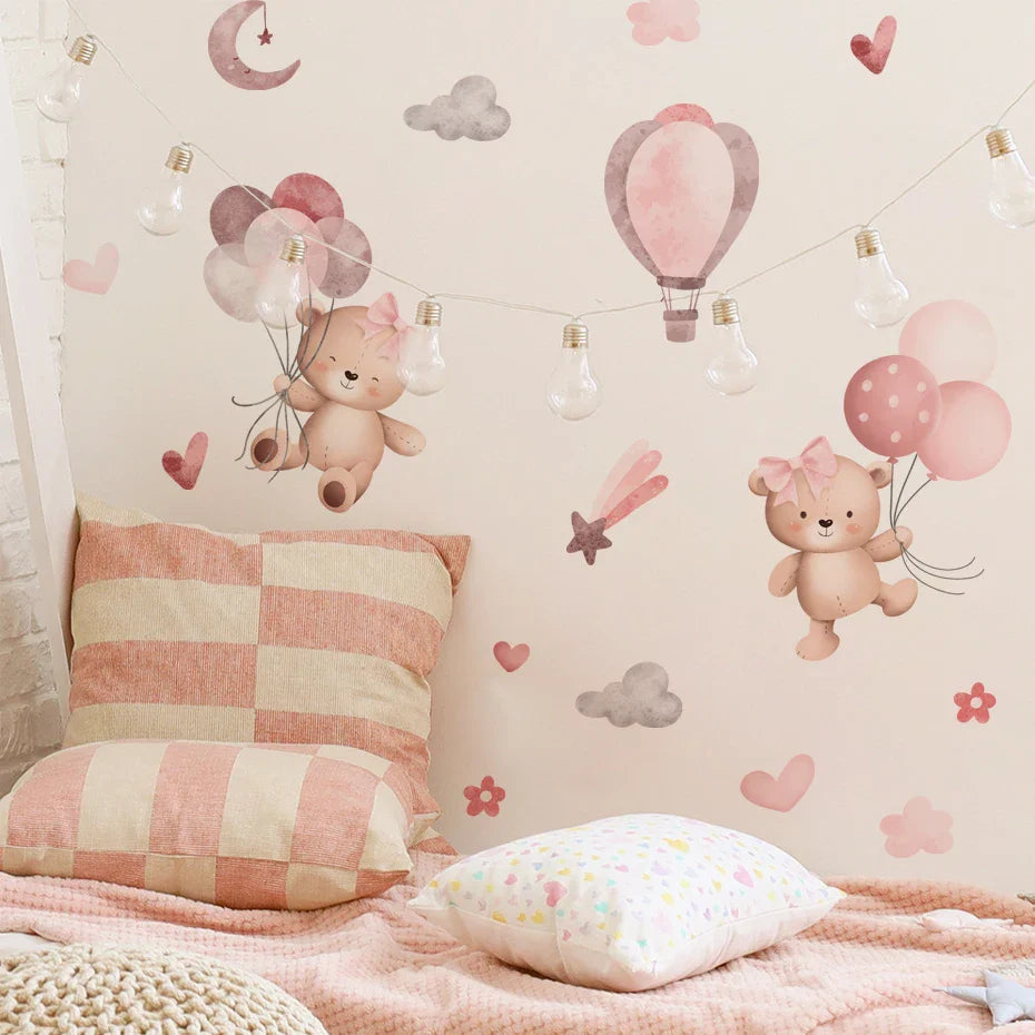 Pink Teddy Bear Balloon Stars Wall Decals