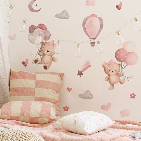 Pink Teddy Bear Balloon Stars Wall Decals