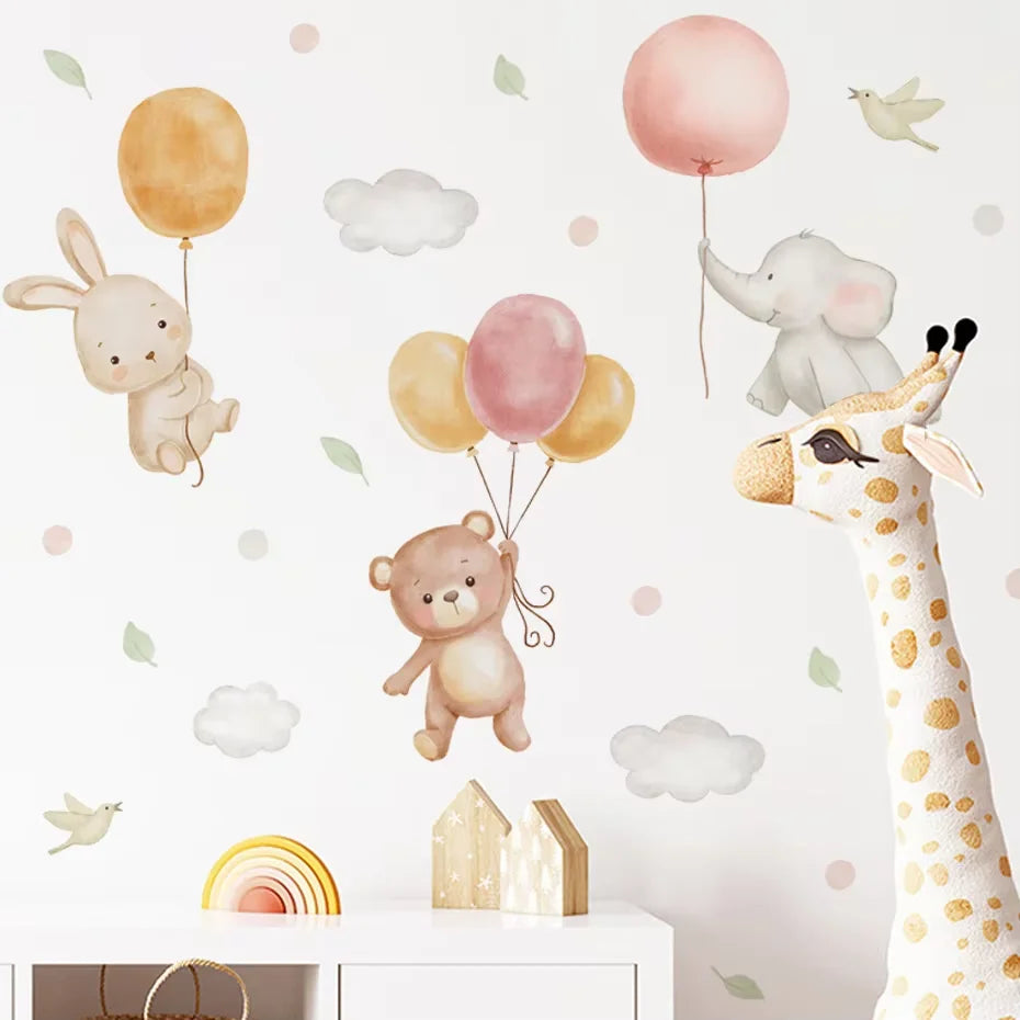 Pink Teddy Bear Balloon Stars Wall Decals