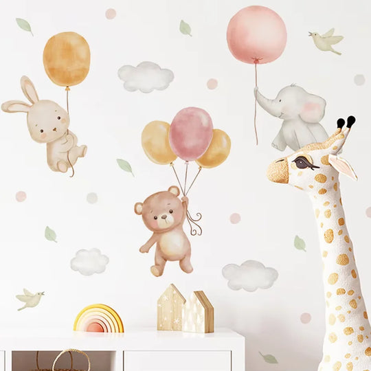 Pink Teddy Bear Balloon Stars Wall Decals