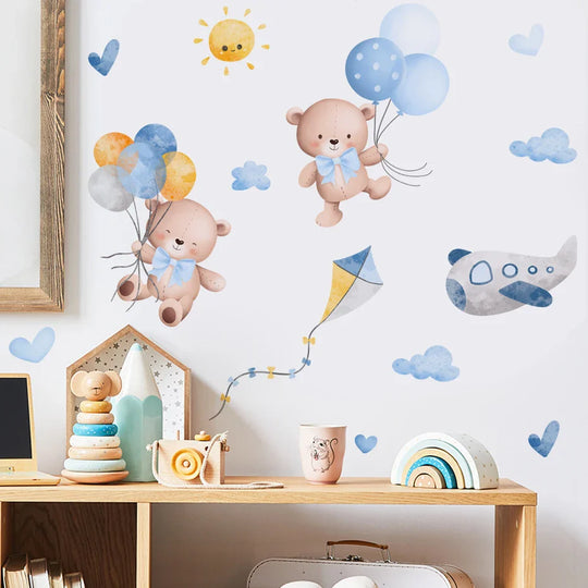Pink Teddy Bear Balloon Stars Wall Decals