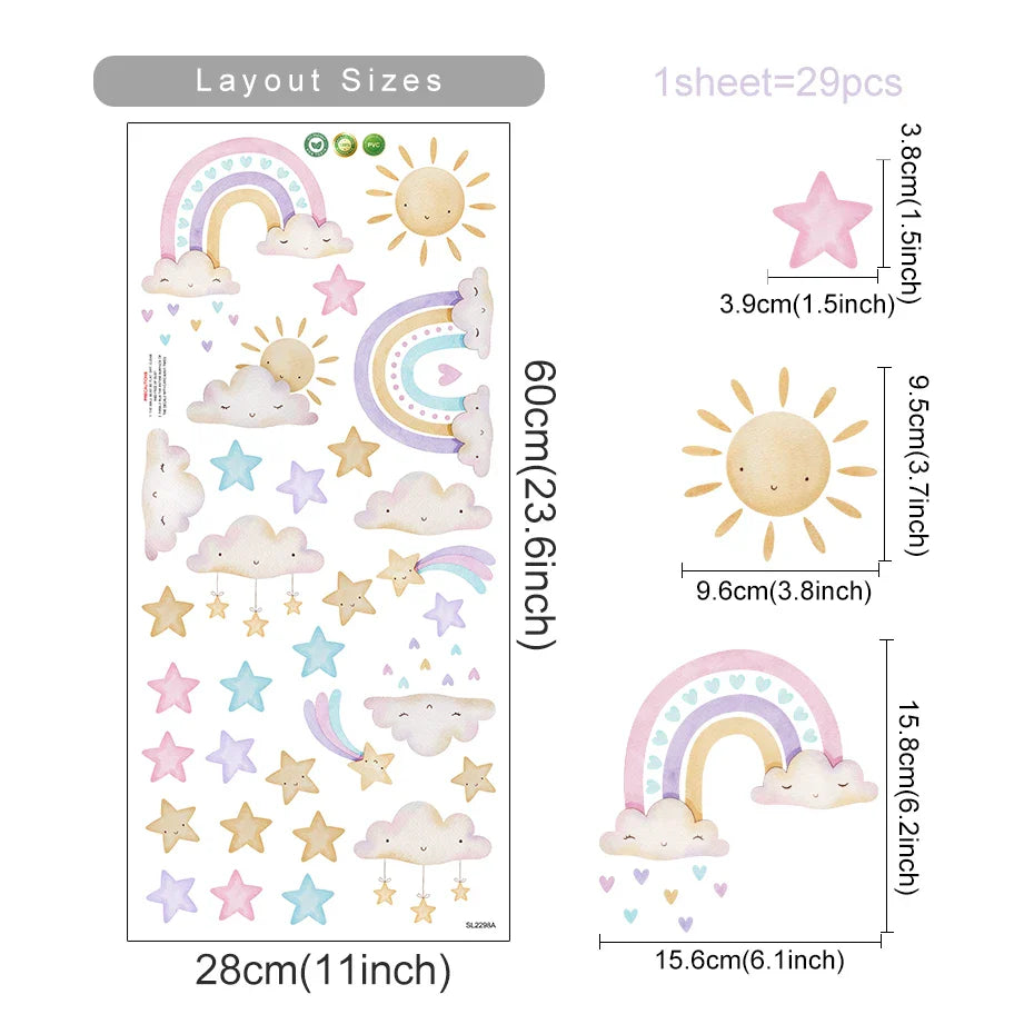 Rainbow Clouds And Stars Wall Decals For Baby Room