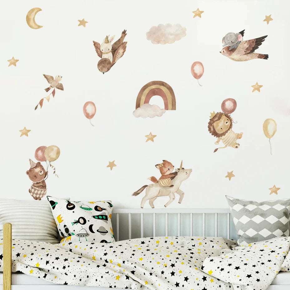 Rainbow Unicorn Hot Air Balloons Wall Decals For Kids Room
