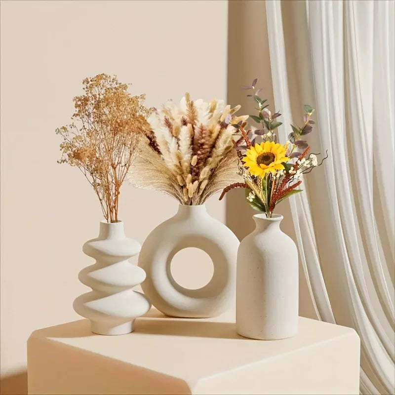 Set of 3 White Ceramic Decorative Vases for Home Styling