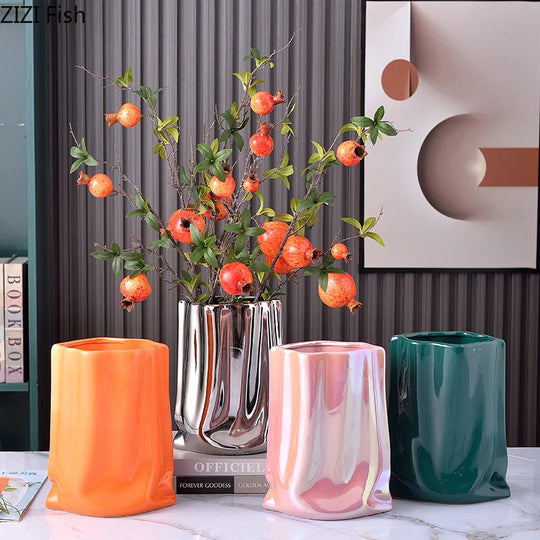 Pleated Texture Gold Plated Ceramic Vase for Desk and Home Decor