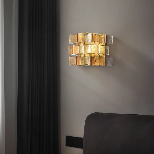 Simple Amber &amp; Blue Glass Wall Lamp – High-End Decorative Bedside Light