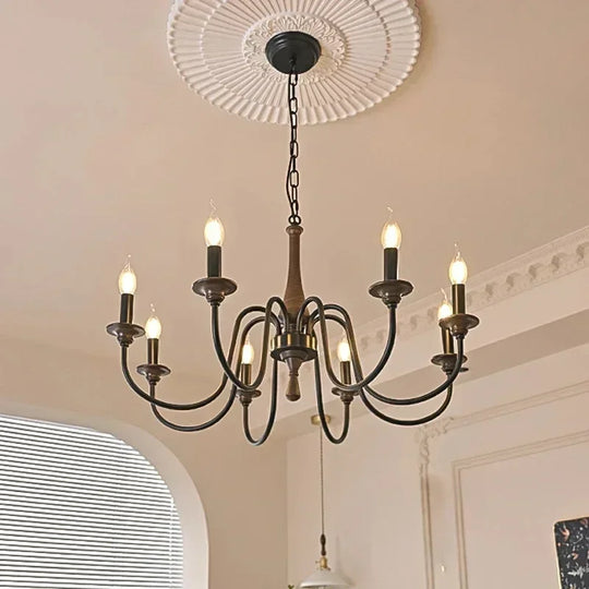 Nordic Retro Solid Wood &amp; Wrought Iron Candle Chandelier – Art Deco Pendant Light