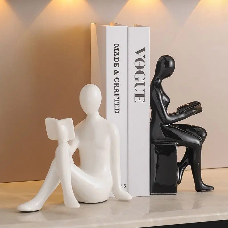Ceramic Girl Sculpture Bookends Set for Bookshelf Decor