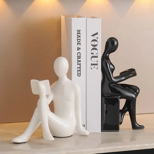 Ceramic Girl Sculpture Bookends Set for Bookshelf Decor