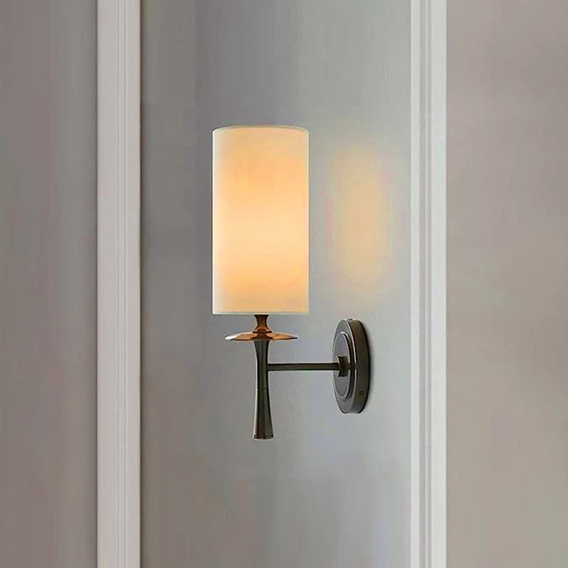 Retro Brass Wall Lamp Fabric Shade Corridor Staircase Bedside Light