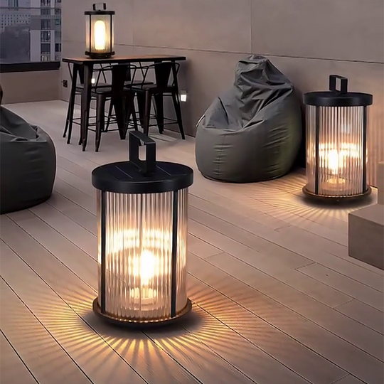 Striped Glass Cylindrical Waterproof Portable Solar Outdoor Lanterns