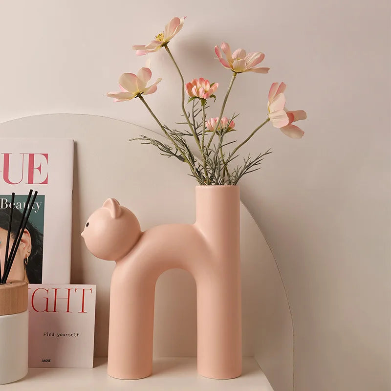 Cute Cat Head Ceramic Vase H Shape Tube Design