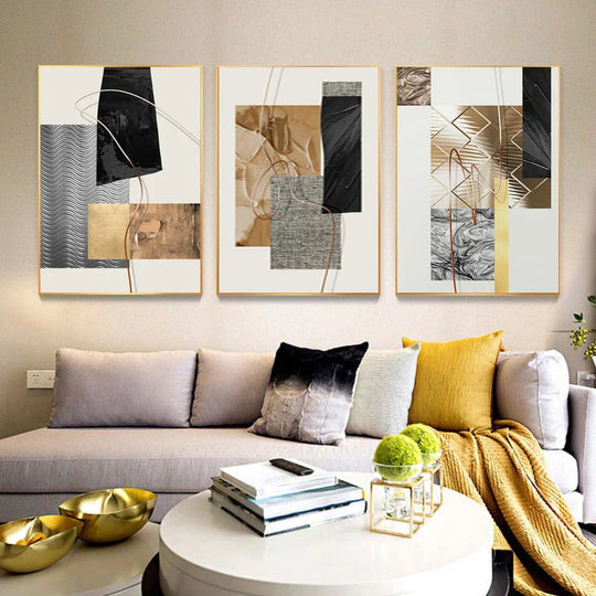 Golden Geometric Textural Montage Abstract Canvas Wall Art Unframed