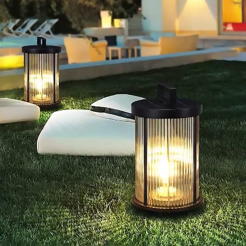 Striped Glass Cylindrical Waterproof Portable Solar Outdoor Lanterns