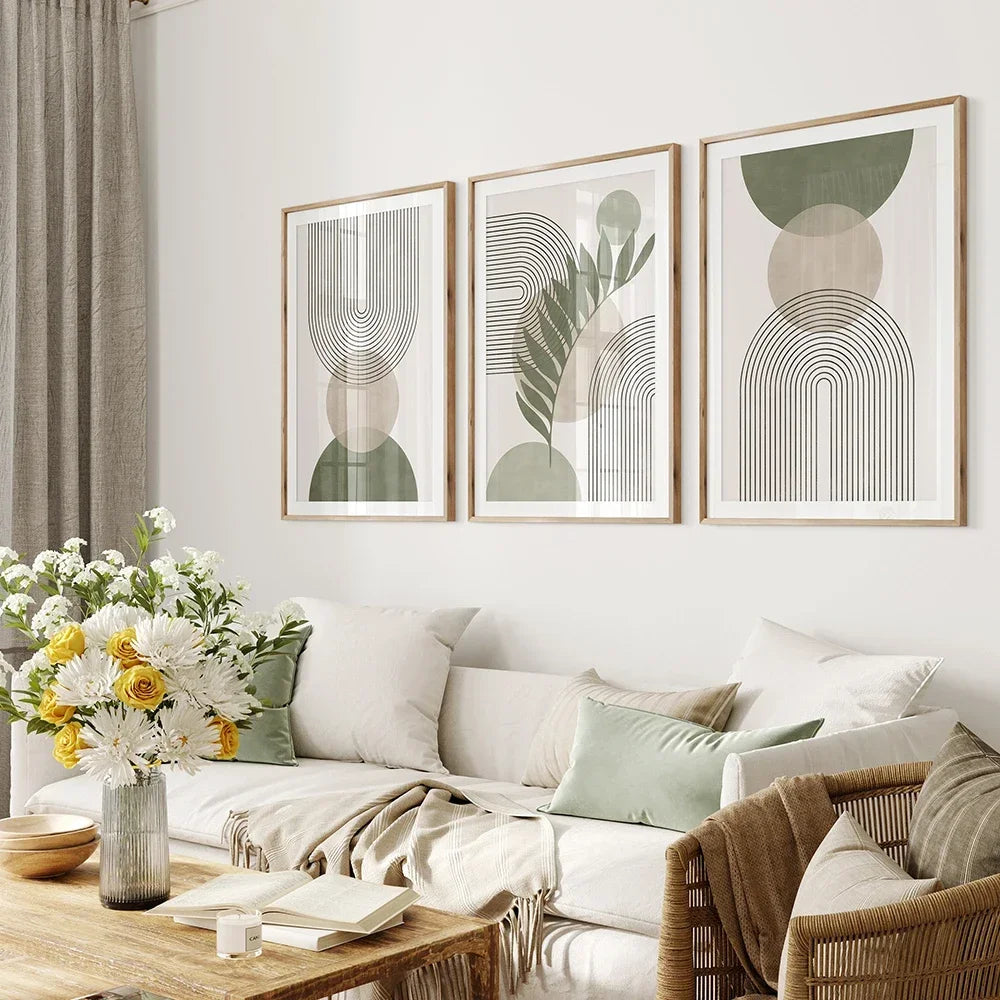 Set of 3 Abstract Geometric Botanical Canvas Wall Art
