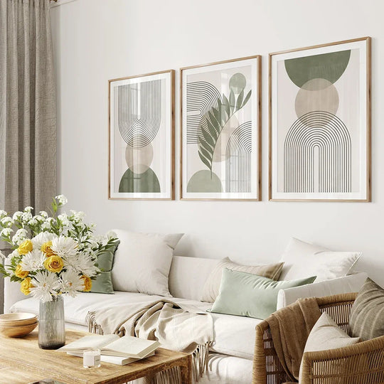Set of 3 Abstract Geometric Botanical Canvas Wall Art