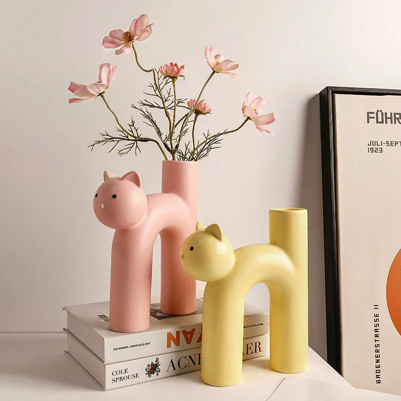 Cute Cat Head Ceramic Vase H Shape Tube Design