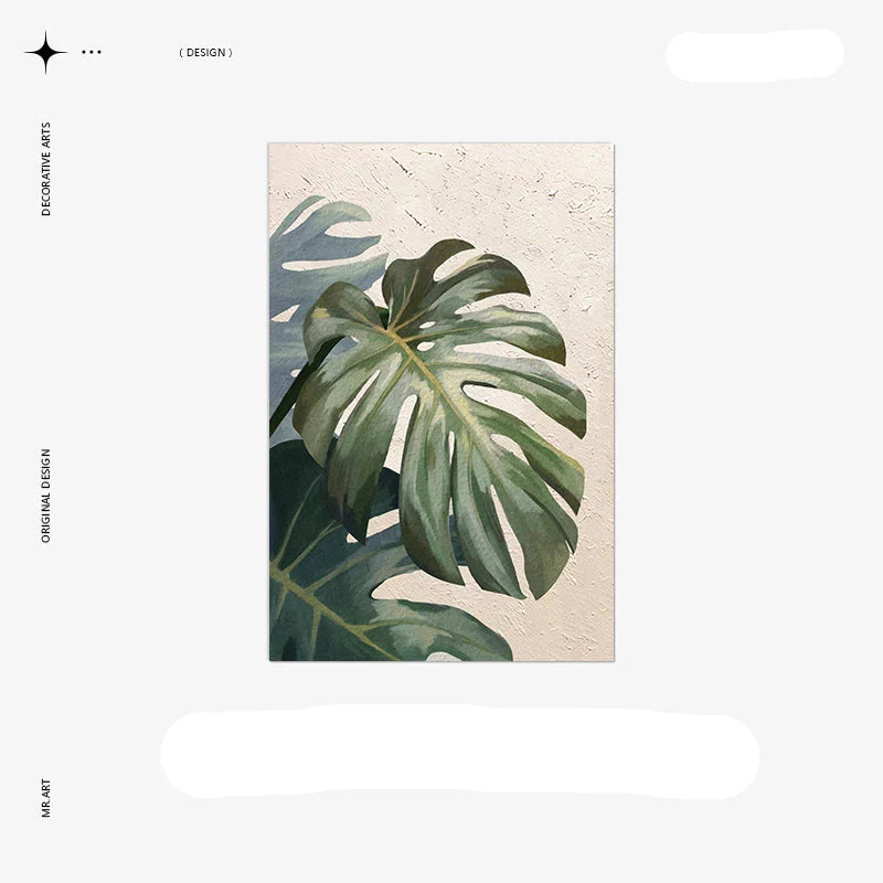 Modern Botanical Green Leaves Canvas Wall Art With Wooden Scroll Frame