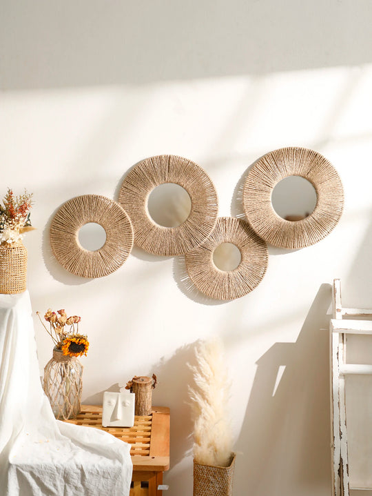 Round Hanging Wall Mirror with Woven Hemp Rope Decor