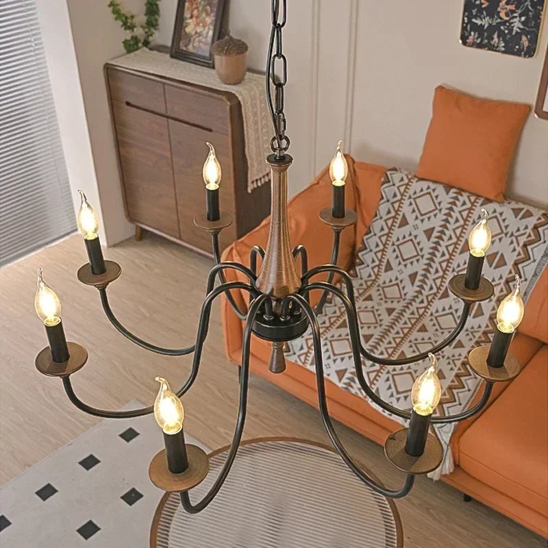 Nordic Retro Solid Wood &amp; Wrought Iron Candle Chandelier – Art Deco Pendant Light