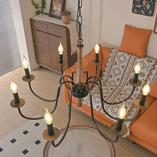 Nordic Retro Solid Wood &amp; Wrought Iron Candle Chandelier – Art Deco Pendant Light