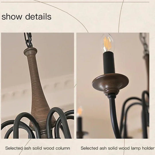Nordic Retro Solid Wood &amp; Wrought Iron Candle Chandelier – Art Deco Pendant Light